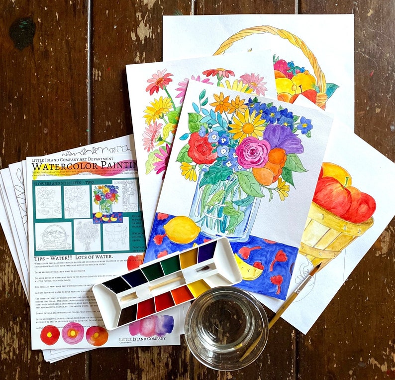 May include: A watercolor painting kit with instructions and tips for painting flowers and still life. The kit includes a watercolor palette, paintbrushes, and a glass of water. The instructions include tips on using lots of water.