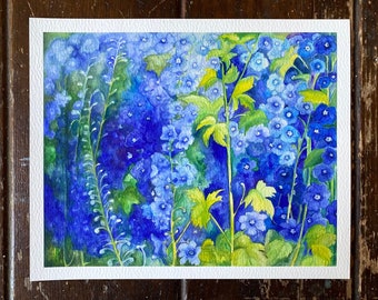 Blue Delphiniums Watercolor, Giclee Print