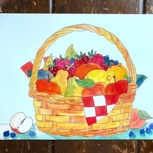 May include: A wicker basket overflowing with a variety of fresh fruit, including apples, pears, peaches, lemons, and strawberries. The basket is decorated with a red and white checkered cloth.