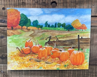 Pumpkin Patch Watercolor Painting 12x9