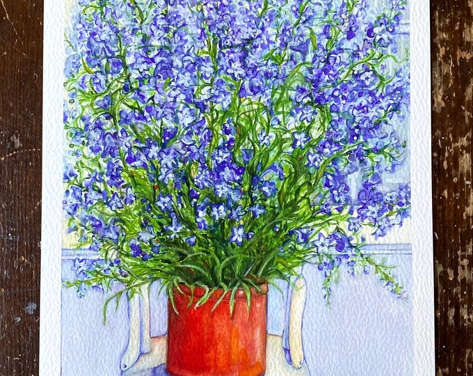 Blue Larkspur Watercolor Painting Giclee Print 8x10