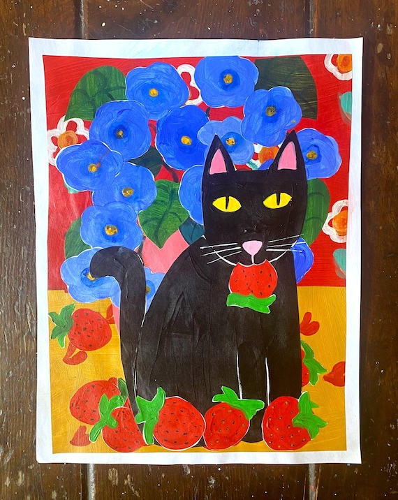 BLACK CAT 複製原画 Black Cat Original Drawing, Marker Signed 18” X