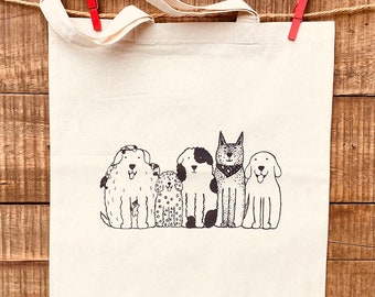 Dogs in a Row natural cotton tote bag