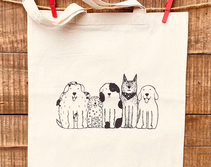 Dogs in a Row natural cotton tote bag