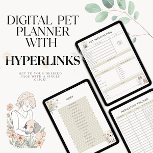 Op de afbeelding: Digitale huisdierplanner met hyperlinks. De planner bevat secties voor huisdierinformatie, vaccinatieregisters, medicijnvervolging en meer. De indexpagina toont een lijst van alle secties in de planner.