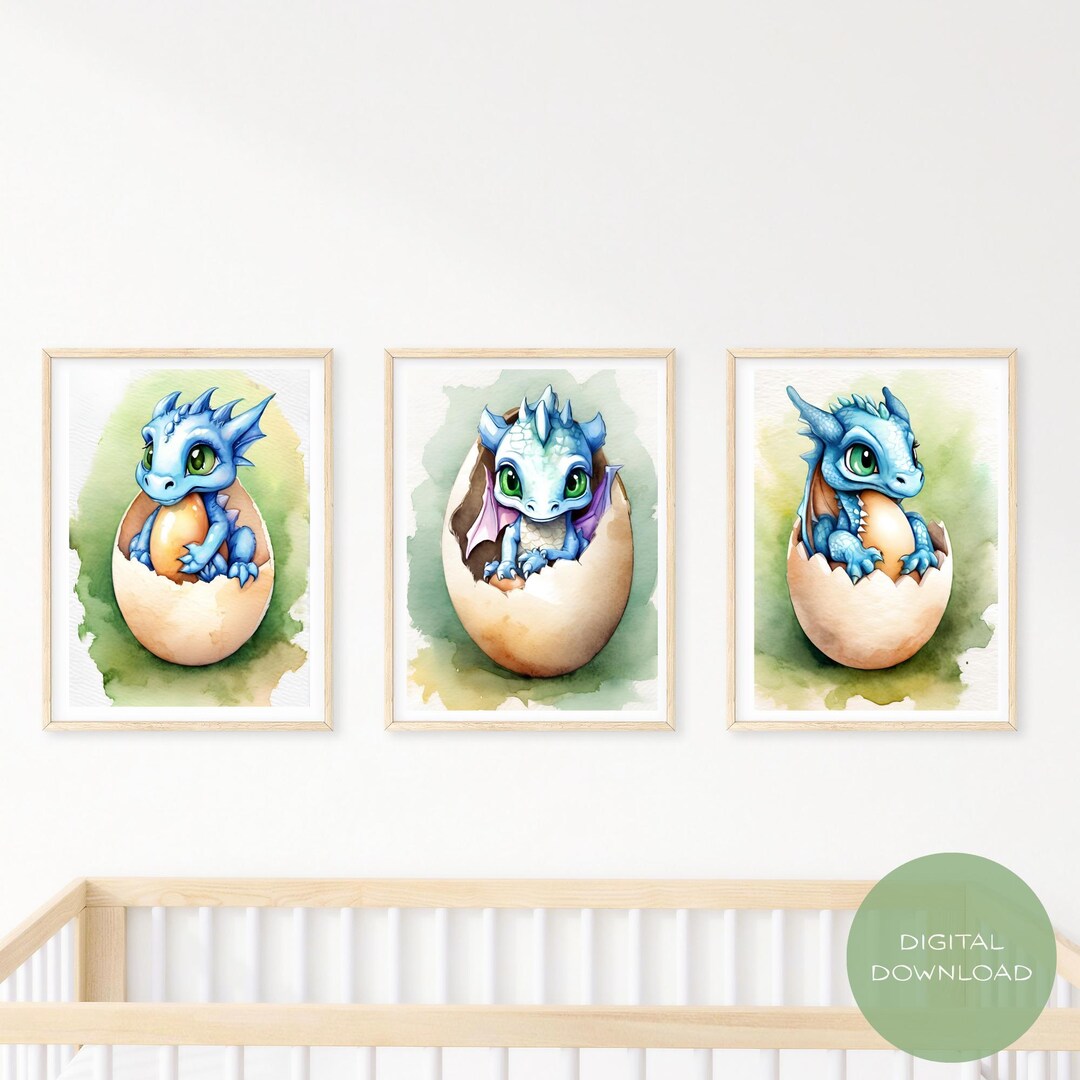 Baby Dragon Wall Art Set of 3 | Cute Modern Watercolor Dragon Prints ...