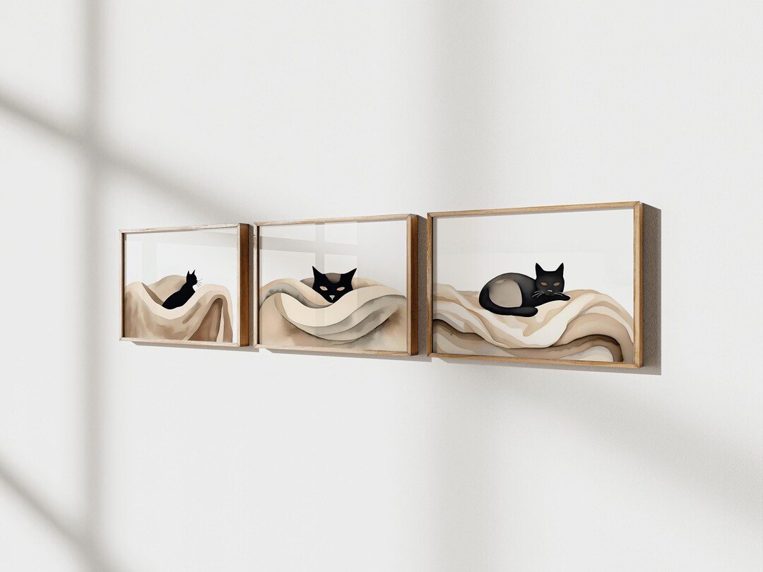 Black Cat Wall Art Set of 3, Cozy Contemporary Watercolor Paintings ...