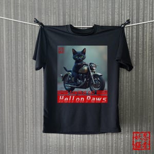 Cool Black Cat on Motorcycle T-Shirt01 - Gothic Biker Cat Tee - Fantasy Feline Rider Shirt - Unique Cat Lover Gift