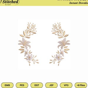 May include: Two symmetrical floral embroidery designs. Each design features a lily and smaller flowers, with leaves and stems in gold and white thread. The text "Stitched by Syed" is in the upper left corner. The image also includes the text "4X4 IN | 5X7 IN | 6X10 IN Instant Download".