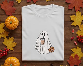 Halloween Celebration Ghost Embroidery Design – Autumn Designs Ghost and Bubble Tea, Pumpkin (Machine File)