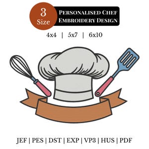Può includere: Un design di ricamo digitale con cappello da chef, frusta e spatola. Il design include uno striscione marrone e il testo "PERSONALISED CHEF EMBROIDERY DESIGN". Le dimensioni disponibili sono 4x4, 5x7 e 6x10 pollici.