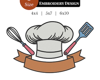 May include: A digital embroidery design featuring a chef's hat, whisk, and spatula. The design includes a brown banner and text that reads "PERSONALISED CHEF EMBROIDERY DESIGN". Available sizes are 4x4, 5x7, and 6x10 inches.