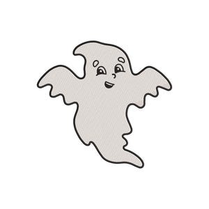 Puede incluir: Un fantasma sonriente de estilo caricatura, con un cuerpo gris claro y un contorno negro. El fantasma tiene una expresión amigable con ojos pequeños y una boca curvada. El diseño es probablemente para Halloween o un tema similar.