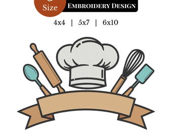 May include: A digital embroidery design featuring a chef's hat, rolling pin, whisk, spoon, and spatula. The design includes the text "PERSONALISED CHEF EMBROIDERY DESIGN" and size options of 4x4, 5x7, and 6x10 inches. File formats include JEF, PES, DST, EXP, VP3, HUS, and PDF.
