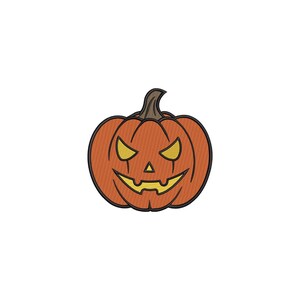 Pode incluir: Uma abóbora laranja com um rosto esculpido, com olhos triangulares e um sorriso irregular. A abóbora tem um caule marrom escuro e é delineada em preto. Um design com tema de Halloween.