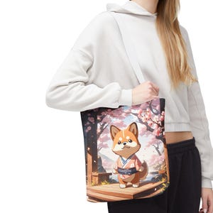 Anime-Style Kawaii Dog Tote Bag - Cute Japanese Art with Peaceful Quote, Personalized Gift