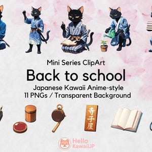Back to School Samurai Cat Clipart - Japanese Kawaii Anime Style Cute Animal Digital Download | 11 PNGs | Transparent Background