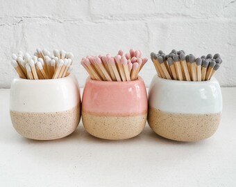 Set of 3 Ceramic Match Holders with Matches, Decorative Home Accent, Candle Accessories