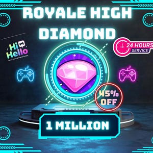 May include: A digital graphic featuring the text "ROYALE HIGH DIAMOND" and "1 MILLION". A large pink diamond is in the center, surrounded by a blue and purple glowing circle. A 45% OFF circle is also present.