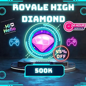 以下が含まれることがあります： 「Royale High Diamond」のプロモーション用グラフィック。中央に大きなピンク色のダイヤモンドがあり、ネオンブルーと紫色の円形デザインで囲まれています。「Hi Hello」と「500K」の文字、コントローラーのアイコン、そして「45% OFF」のバッジも含まれています。