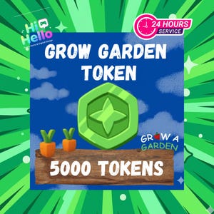 以下が含まれることがあります： 「GROW GARDEN TOKEN」と「5000 TOKENS」のテキストが入ったデジタルグラフィック。星のデザインの緑色のトークン、2つの漫画のニンジン、「GROW A GARDEN」という言葉が特徴です。「24 HOURS SERVICE」と書かれたピンクの時計グラフィック。