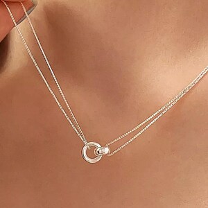 Interlocking Circle Necklace - Double Chain Choker • 925 Sterling Silver • Minimalist Gift for Her
