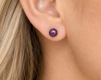 Pearl Stud Earrings, Tiny Purple Crystal Studs, Bridesmaid Earrings, 6mm Blackberry Pearls, Handmade 925 Sterling Silver, Birthday Gift Her