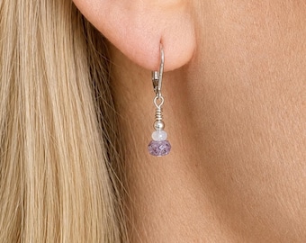 Crystal Earrings, Amethyst and White Opal Drops, Sterling Silver Leverbacks, Short Dangles, Minimalist Earrings, Birthday Present for Women