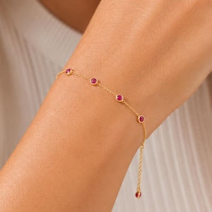 Birthstone Bracelet, Ruby Bezel Gold Station Chain, 925 Sterling Silver, Minimalist Everyday Jewelry, July Birthstone, Bridesmaid Gift