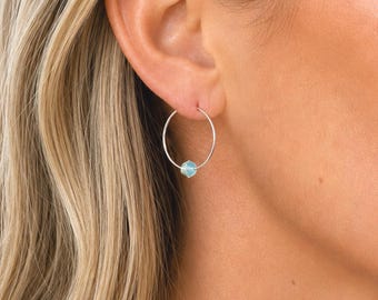Thin Silver Hoops, Small Hoop Earrings, Blue Crystal Minimalist Earrings, Sterling Silver Jewelry, Bridesmaid Gifts, Birthday Gift for Her