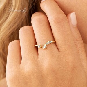 Celestial Ring, Gold Moon and Star Stacking Band, 925 Sterling Silver, Dainty V Shape Ring, Minimalist Stackable Jewelry, Gift for Her