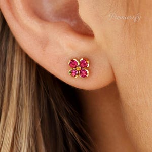 Dainty Ruby Flower Stud Earrings, Tiny Red Gemstone Floral Studs, 925 Sterling Silver, Minimalist Jewelry, Gift For Her