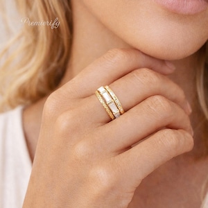 Stacking Rings, 3 Piece Gold Ring Stack Set, 925 Sterling Silver Gold Plated, Zircon Diamond Band, Bamboo Design, Minimalist Gift for Her