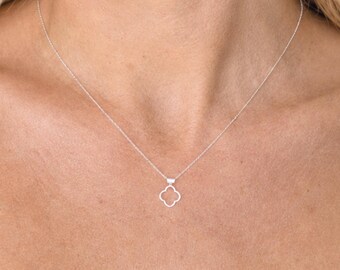 4 Leaf Clover Necklace, Dainty Sterling Silver Pendant, 18 Inch Necklace, Thin Silver Chain, Quatrefoil Jewelry, Good Luck Gift for Her