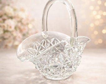 Vintage Mid Century Cut Glass Basket Starburst Pattern Clear Crystal Handled Candy Dish