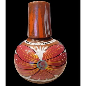 Handpainted Mexican Clay Water Jug With Floral Design & Gloss Finish