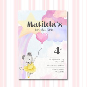 Ballerina-Geburtstags-Einladung | Bearbeitbare Ballett Tiere Einladung Vorlage | Niedliches Mädchen-Geburtstags-Digital einladen | Canva Bearbeitbar Einladen