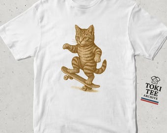 Vintage Skateboarding Cat T-Shirt: Funny Retro Kitty Tee
