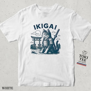Samurai Cat Ikigai T-Shirt / Japanese Art Cat Shirt with Katana Sword / Aesthetic Warrior Kitty Graphic Tee for Kitty Lovers and Otakus