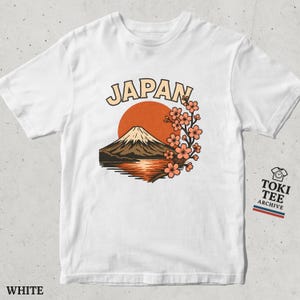 Vintage Japan T-Shirt with Mount Fuji and Cherry Blossoms / Retro Japanese Sunset Graphic Tee for Travel Lovers and Culture Fans