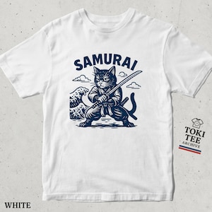 Samurai Cat T-Shirt Japanese Warrior Cat Tee / Funny Ninja Kitty Shirt with Katana Retro Graphic Tee for Men Women Anime Lovers