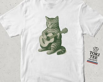 Funny Cat Playing Guitar T-Shirt: Vintage Style Musician Tee