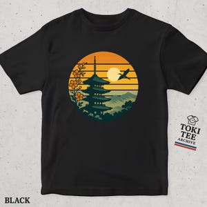 Japanese Sunset Pagoda T-Shirt with Airplane and Sakura Flowers / Vintage Japan Travel Tee for Men and Women / Aesthetic Japanese Shirt Gift