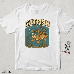 Funny Catfish T-Shirt with Scuba Diving Cat Graphic / Cute Retro Animal Pun Tee for Cat Lovers / Humorous Vintage Style Cat Shirt
