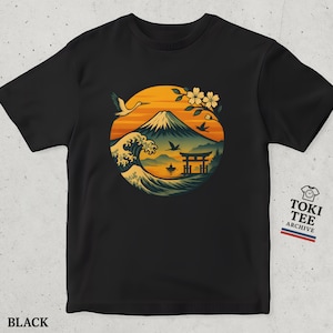 Japanese Sunset T-Shirt: Mount Fuji, Crane & Sakura Art