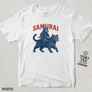 Samurai Cat T-Shirt / Funny Warrior Kitten Graphic Tee for Cat Lovers / Japanese Style Feline Ninja Shirt Gift for Anime and Pet Fans