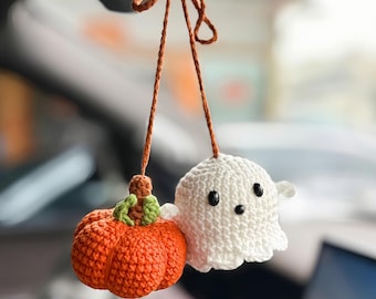 Halloween Ghost & Pumpkin Car Decor, Ghost Rearview Mirror Charms, Crochet Ghost Pumpkin Car Charm, Halloween Car Accessory, Halloween Gift