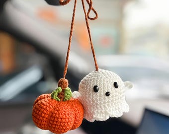 Halloween Ghost&Pumpkin Rearview Mirror Charms, Handmade Crochet Ghost and pumpkin Car charm, Halloween Car Accessory, Halloween Gift
