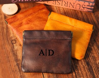 Personalized Leather Coin Pouch, Father's Day Gift, Custom Engraved Squeeze Frame Wallet, Monogram Coin Purse, Unique Gift, Birthday Gift