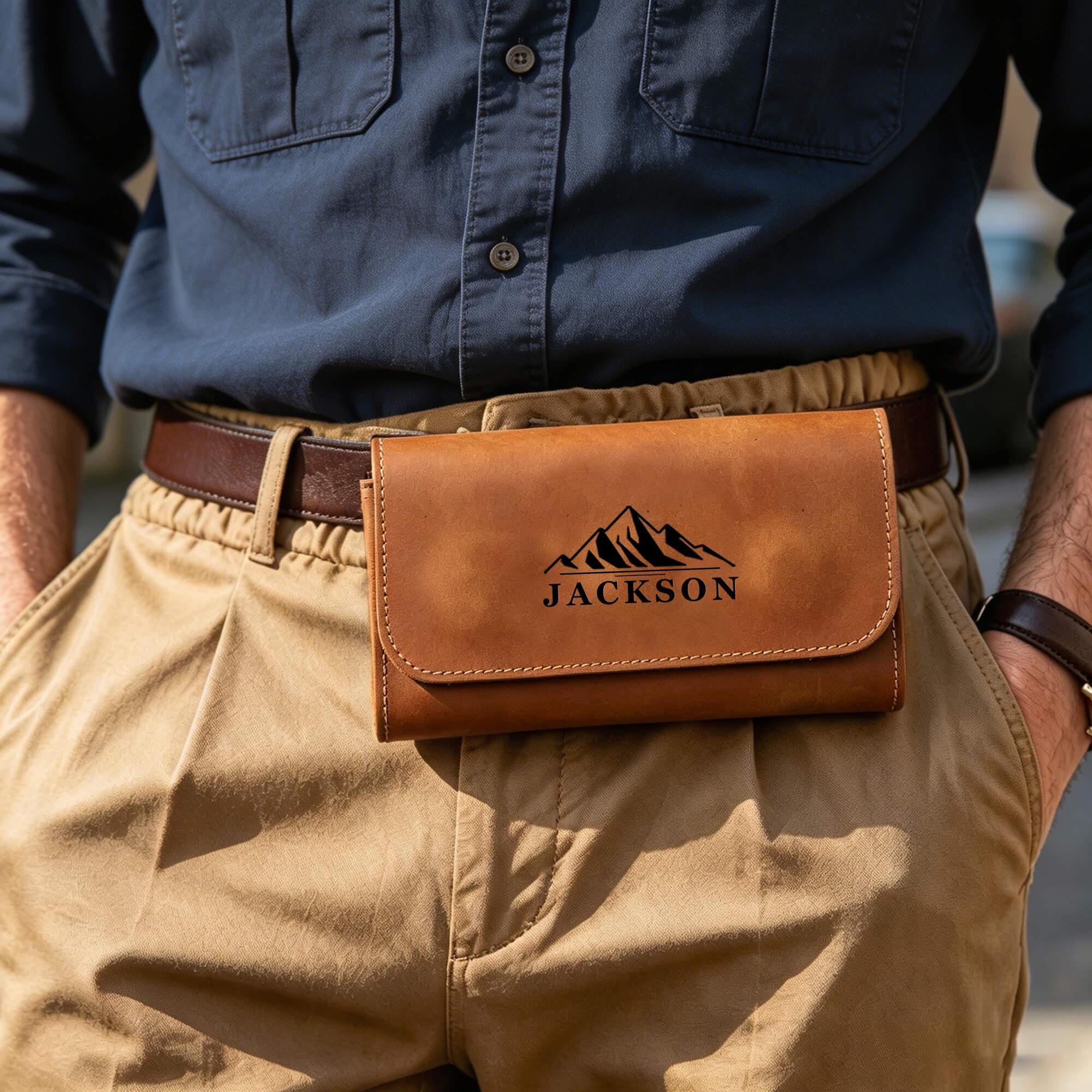 Personalized Leather Belt Bag for Phone, Biker Hip Pouch, Crazy Horse Magnetic Waist Bag